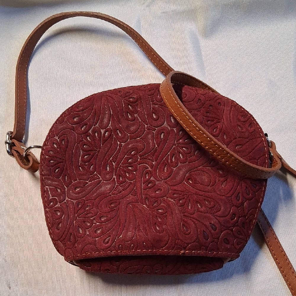 Leather round handbag/shoulder Bag, flower motif Dark Brown/red
